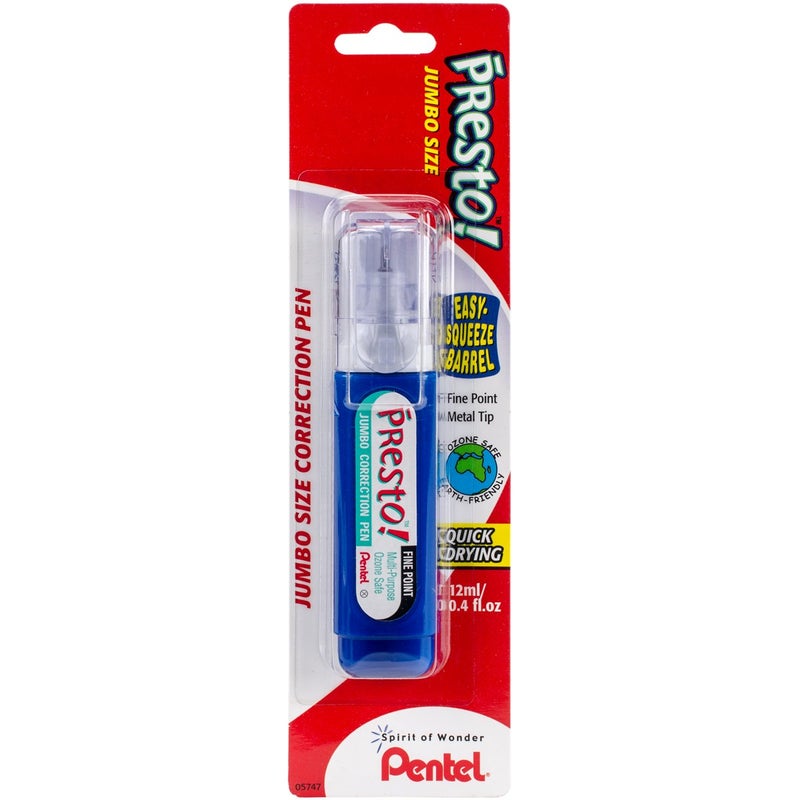 Pentel Presto! Jumbo Correction Pen, Fine Point, Metal Tip, White, 12 ml/0.4 fl.oz. 1 Pack (ZL31WBP-K6) - Image 1